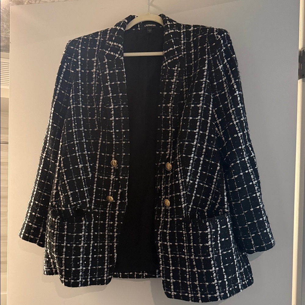 Express Black & White Tweed Double-Breasted Blazer with Gold Buttons